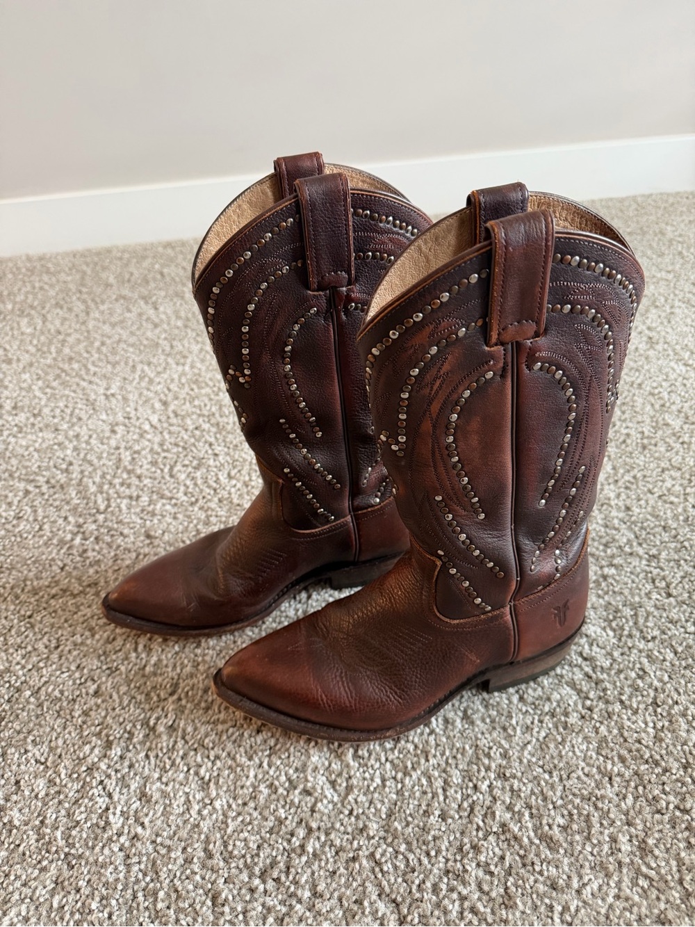Frye Brown Billy Pull On Leather Studded Tall Cowboy Boot